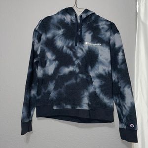 Champion Sweater Womens Blue Black Tie Dye Crop Top Hoodie
